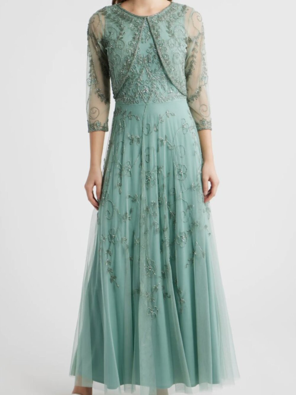 Mint Beaded Mesh Gown with Jacket